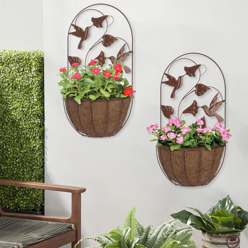 BAYN 2PKs Wall Hanging Planter Decor Art with Hummingbirds, Metal Wall Mounted Planters Indoor Outdoor Wall Planter for Succulent Herb Home Garden Yard - Image 2